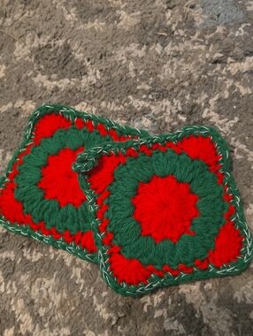 Handmade Green and Red Crochet Coasters - Set of 2